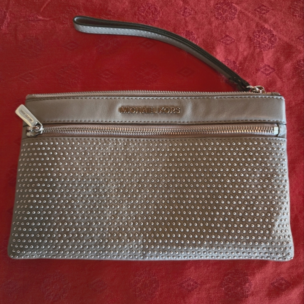 Michael Kors gray leather studded wristlet/clutch, VGUC